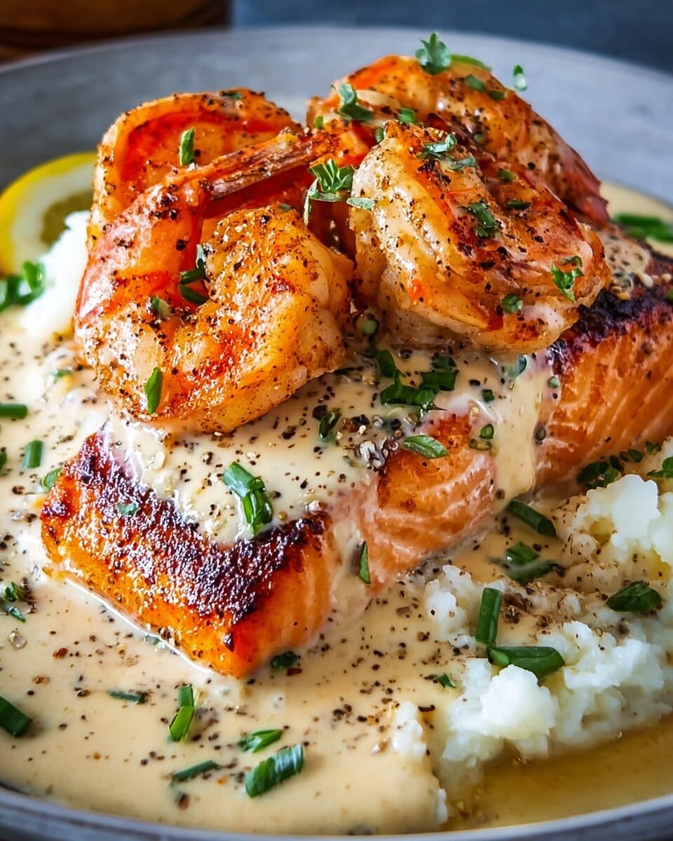Cajun Shrimp & Salmon with Garlic Cream Sauce