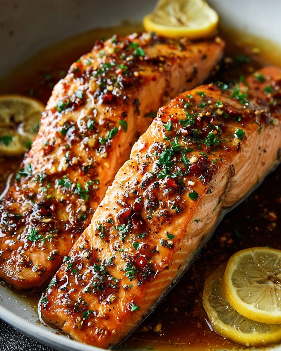 Glazed Brown Sugar Soy Salmon with Garlic and Lemon