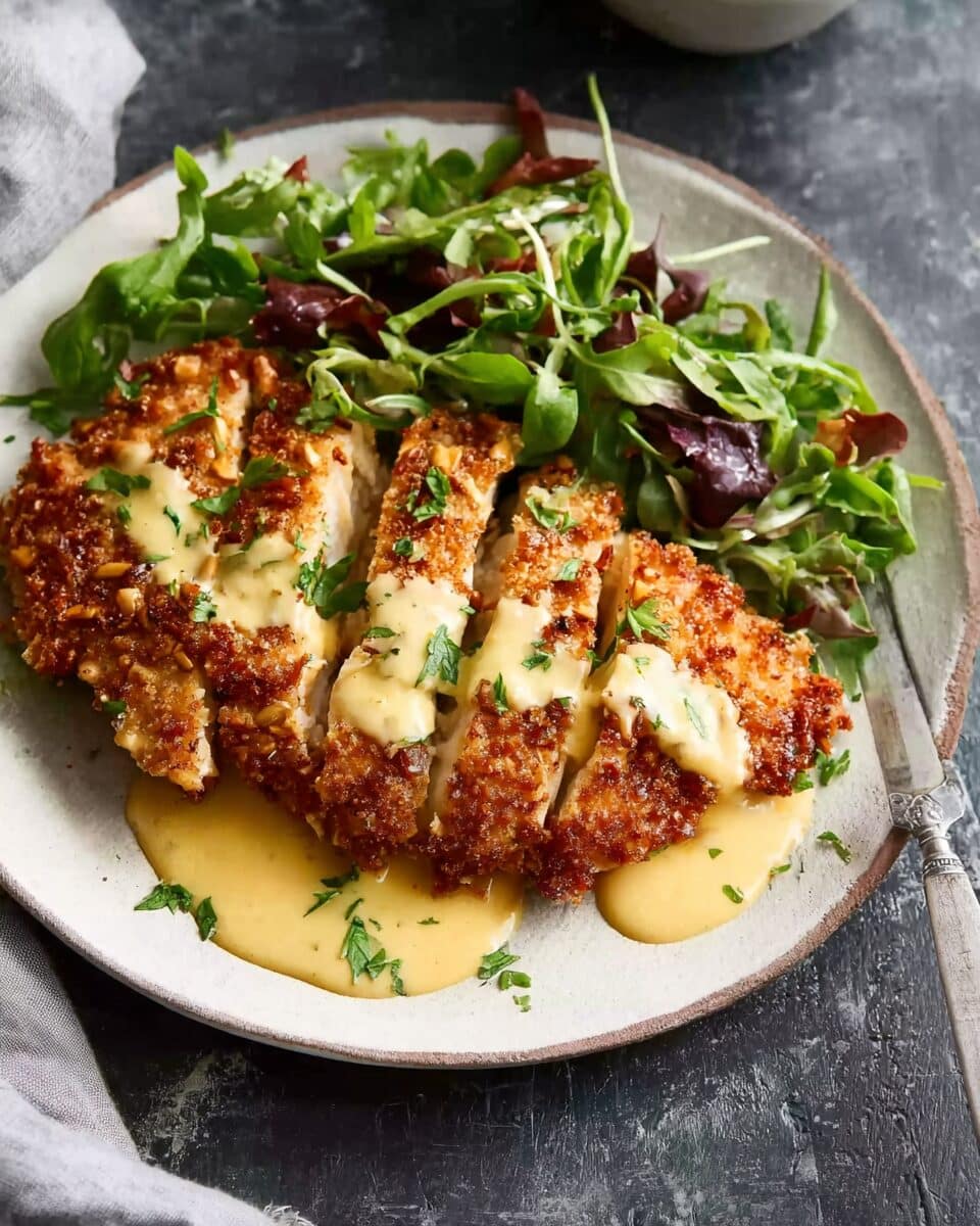 Pretzel-Crusted Chicken with Mustard Cheddar Sauce