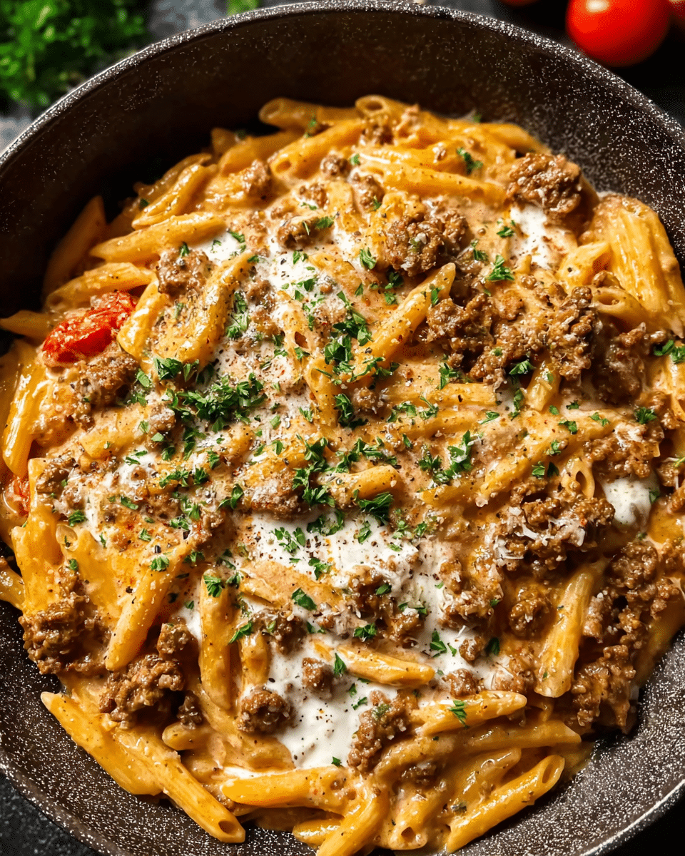 High-Protein Creamy Beef Pasta with Greek Yogurt Sauce