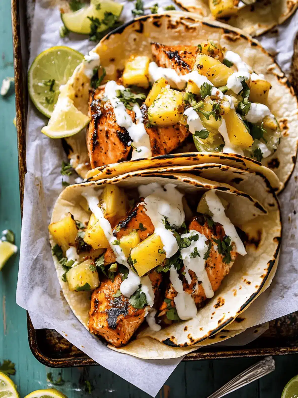 Sheet Pan Chipotle Salmon Tacos with Pineapple Jalapeño Salsa.