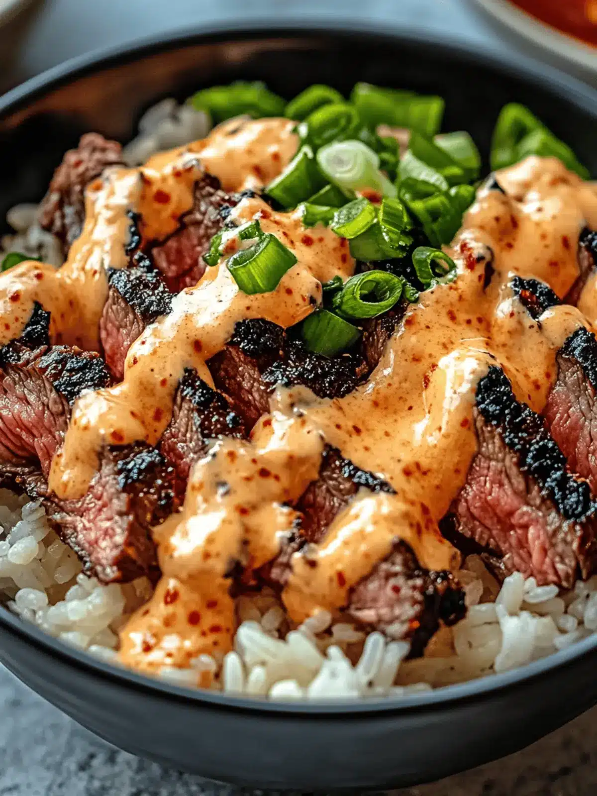 Korean BBQ Steak Rice Bowls with Spicy Cream Sauce