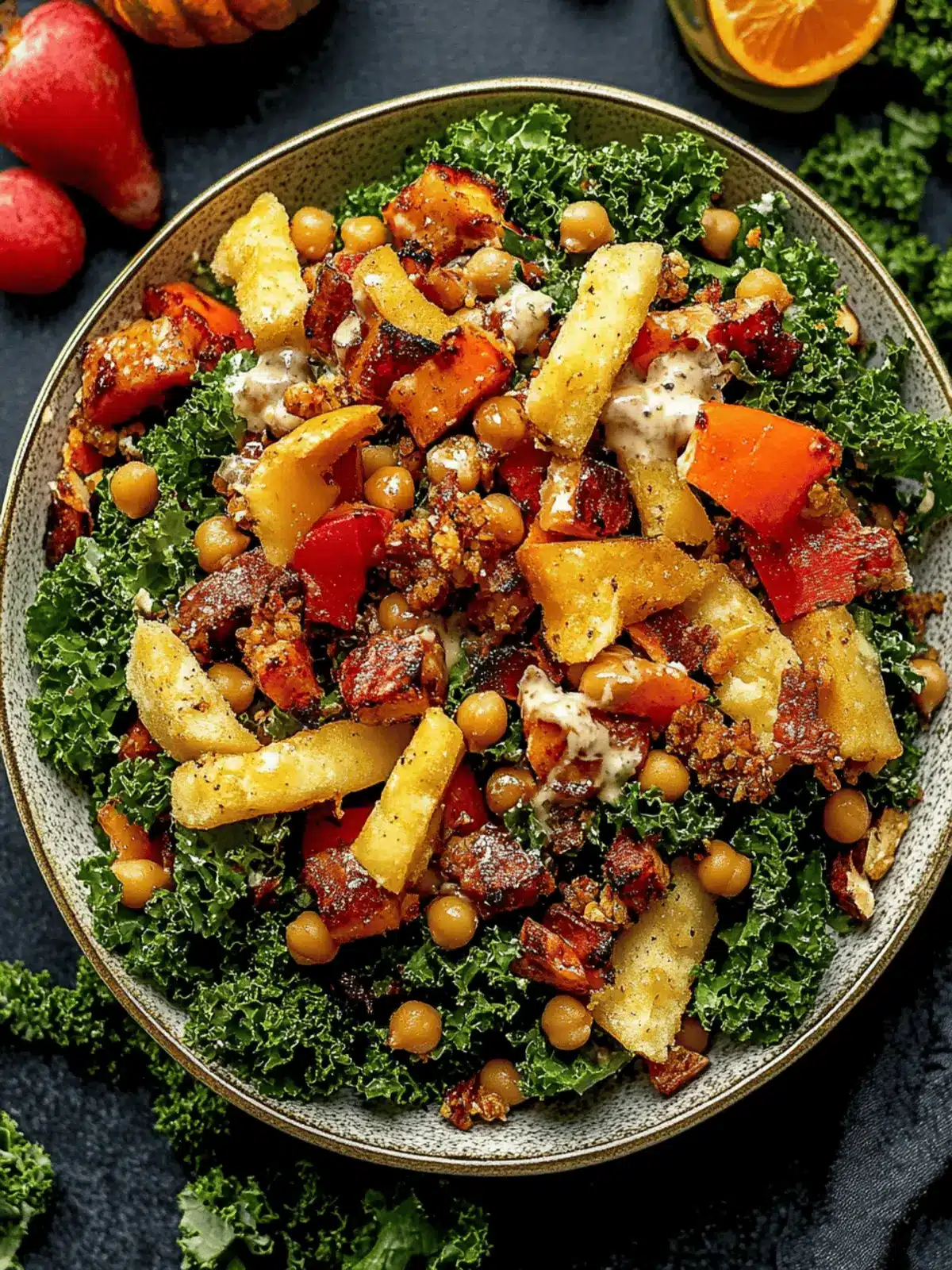 Fall Harvest BBQ Chickpea Kale Salad with Honey Mustard Dressing