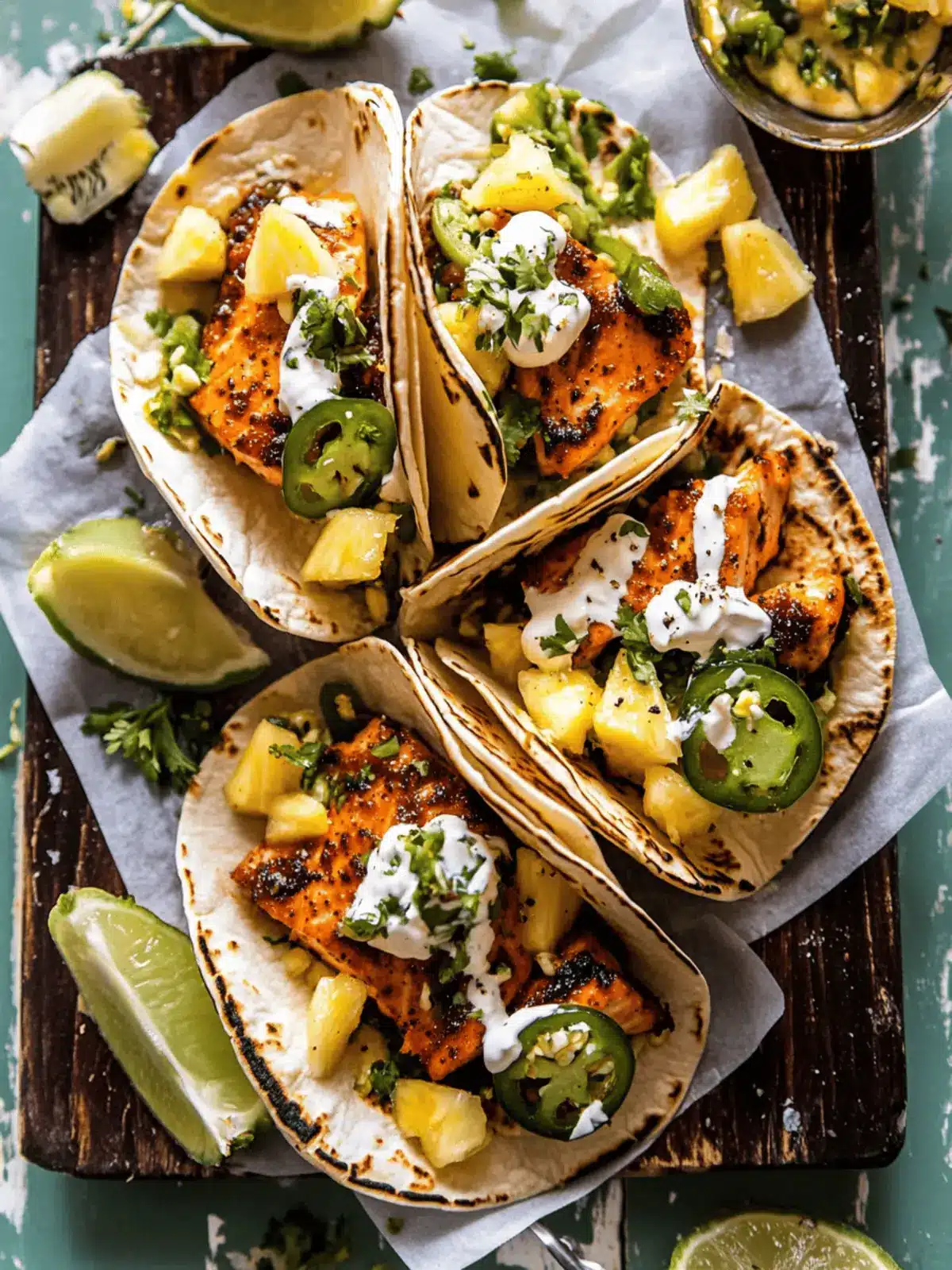 Sheet Pan Chipotle Salmon Tacos with Pineapple Jalapeño Salsa.