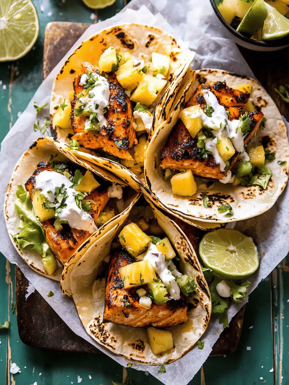 Sheet Pan Chipotle Salmon Tacos with Pineapple Jalapeño Salsa.