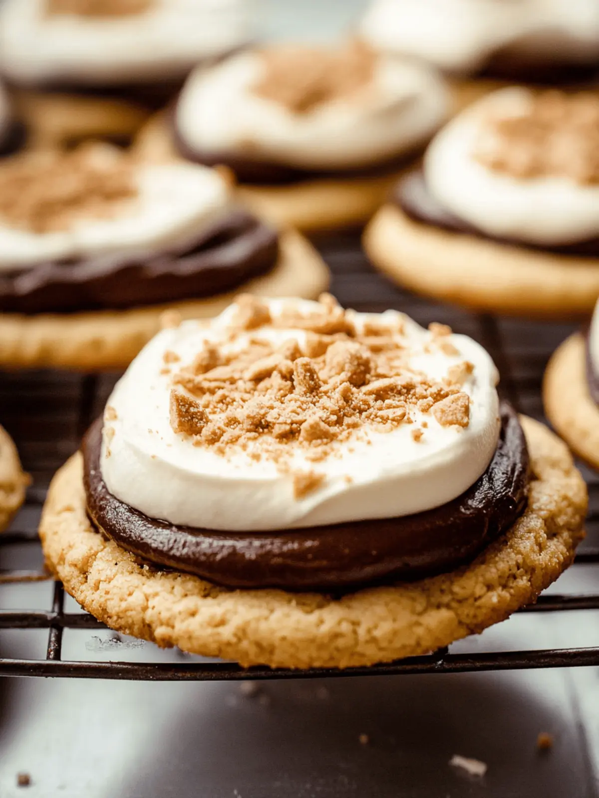 Soft and chewy graham cracker cookies topped with smooth chocolate fudge frosting and creamy marshmallow buttercream.