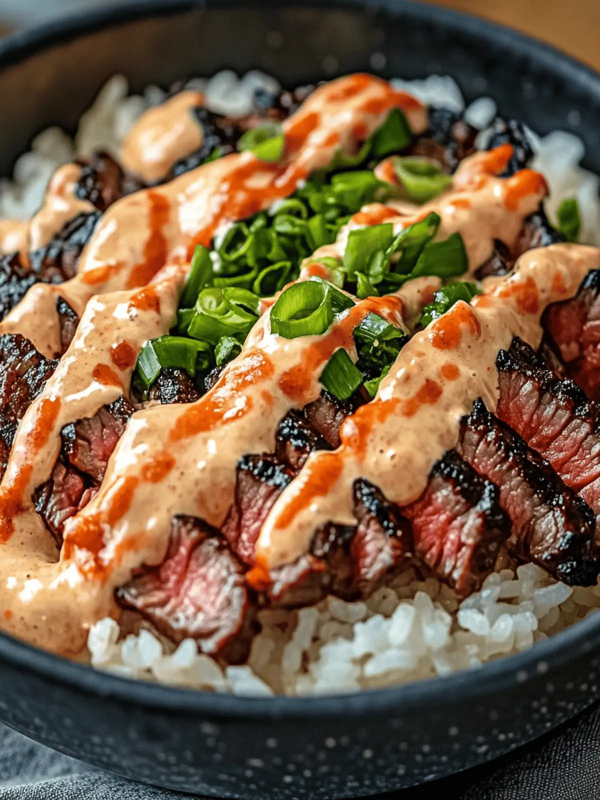 Korean BBQ Steak Rice Bowls with Spicy Cream Sauce