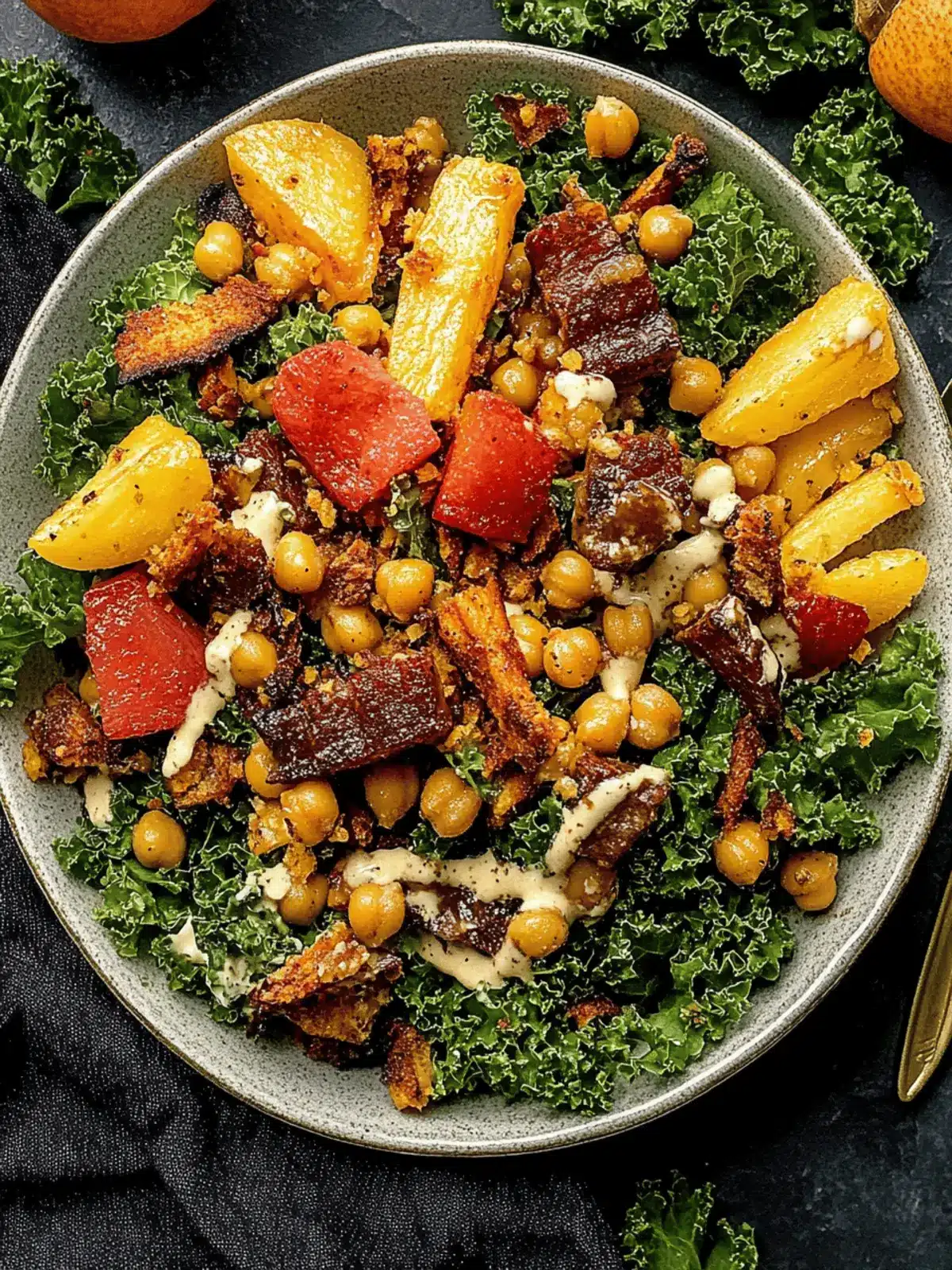 Fall Harvest BBQ Chickpea Kale Salad with Honey Mustard Dressing