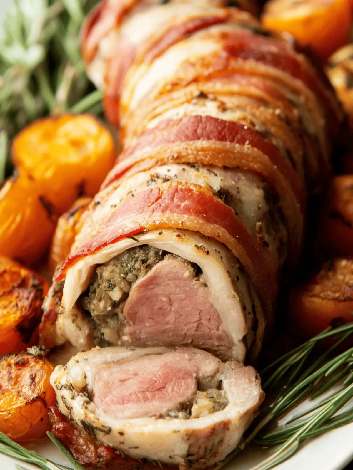 Stuffed Pork Tenderloin Wrapped in Bacon