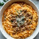 Ground Beef Orzo with Tomato Cream Sauce