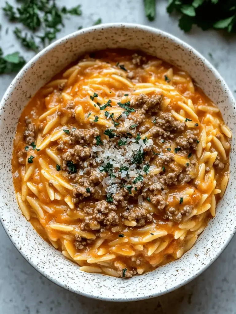 Ground Beef Orzo with Tomato Cream Sauce