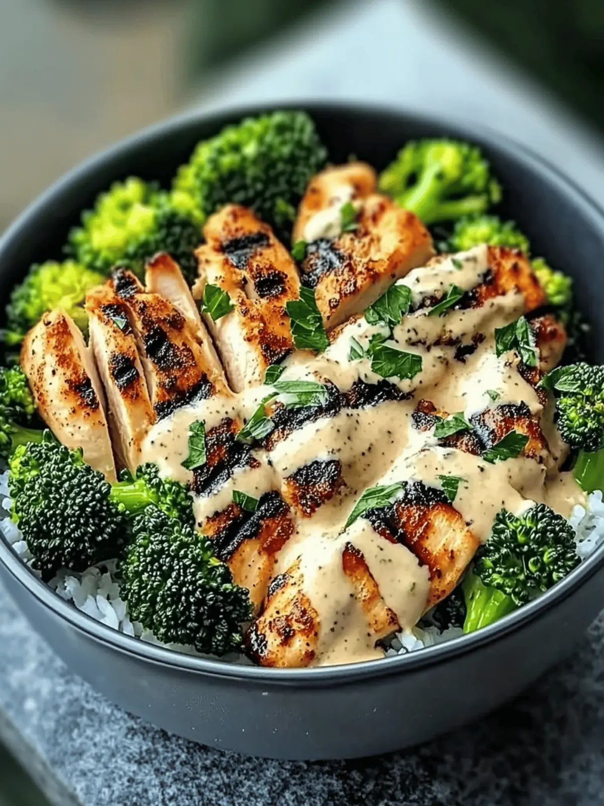 Grilled Chicken & Broccoli Bowls with Creamy Garlic Sauce