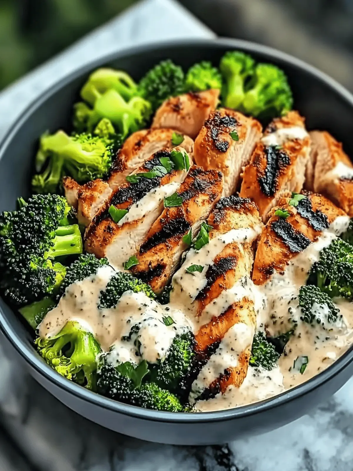 Grilled Chicken & Broccoli Bowls with Creamy Garlic Sauce
