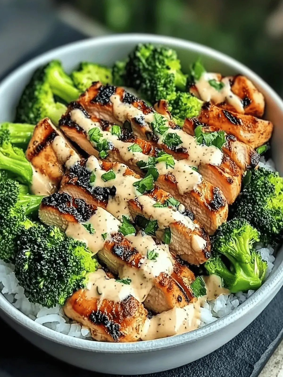 Grilled Chicken & Broccoli Bowls with Creamy Garlic Sauce