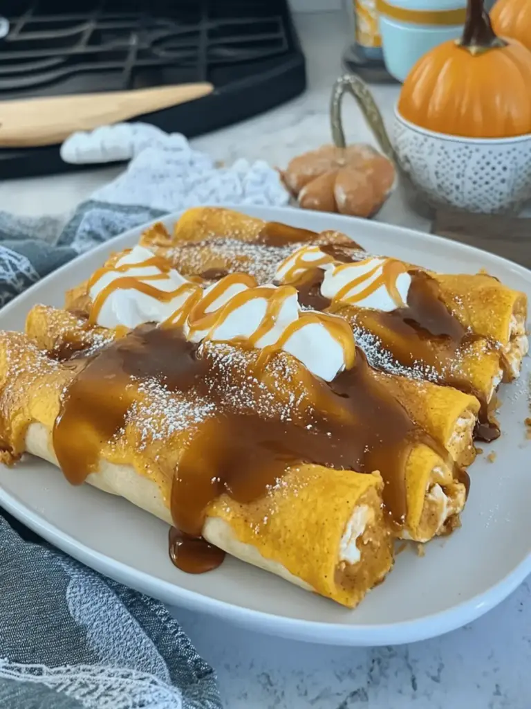 Pumpkin Spice Cheesecake Enchiladas with Caramel Drizzle