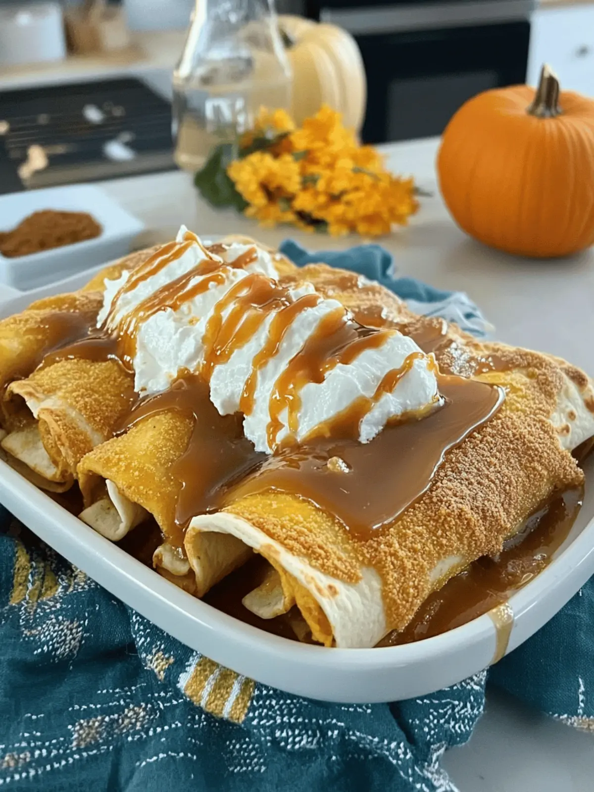 Pumpkin Spice Cheesecake Enchiladas with Caramel Drizzle