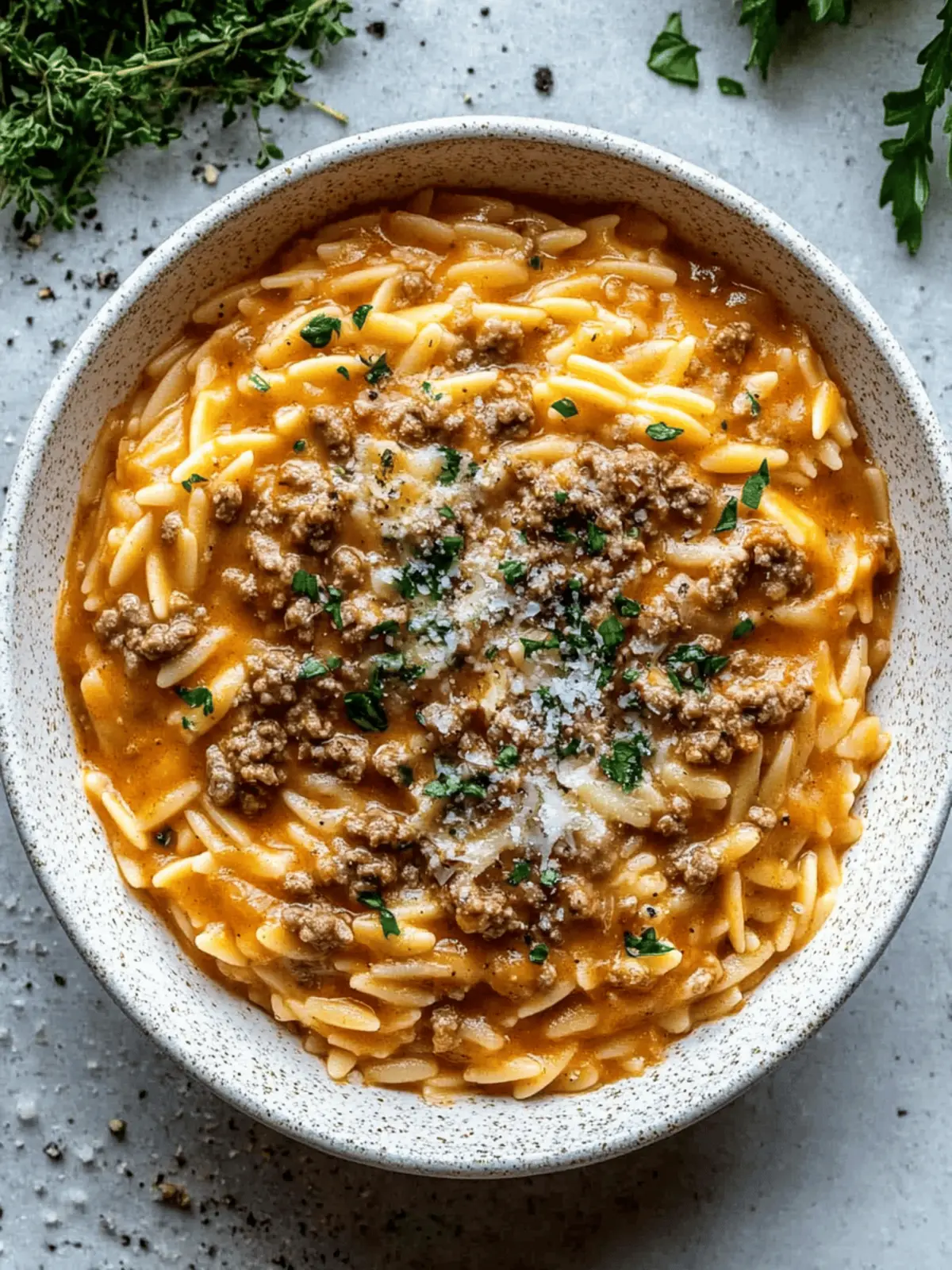 Ground Beef Orzo with Tomato Cream Sauce