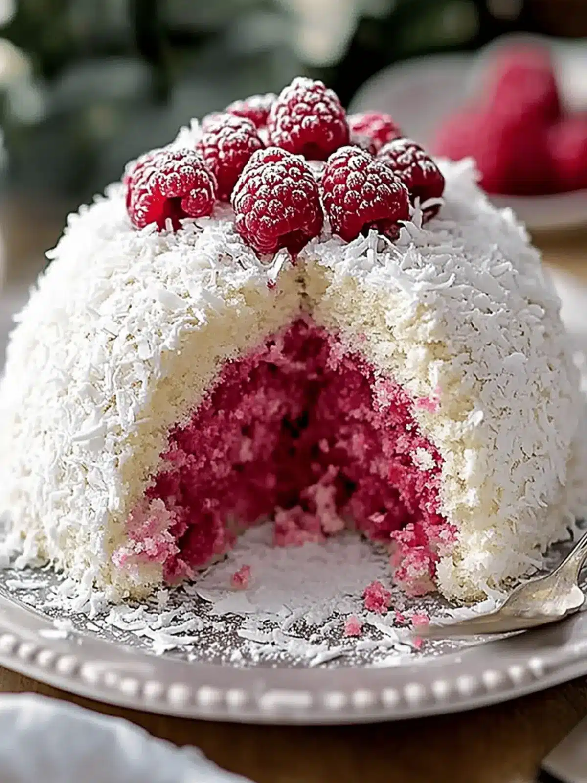 Raspberry Swirl Coconut Snowball Cake
