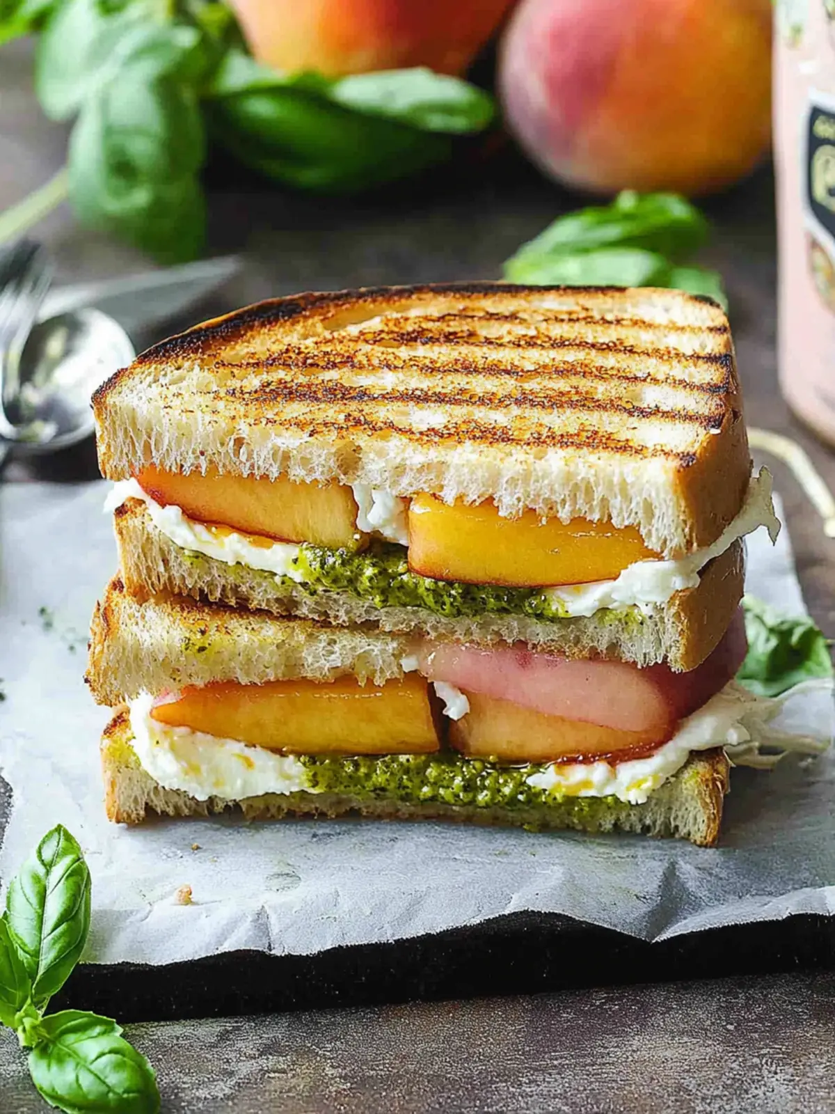 Peach, Pesto & Burrata Sandwich