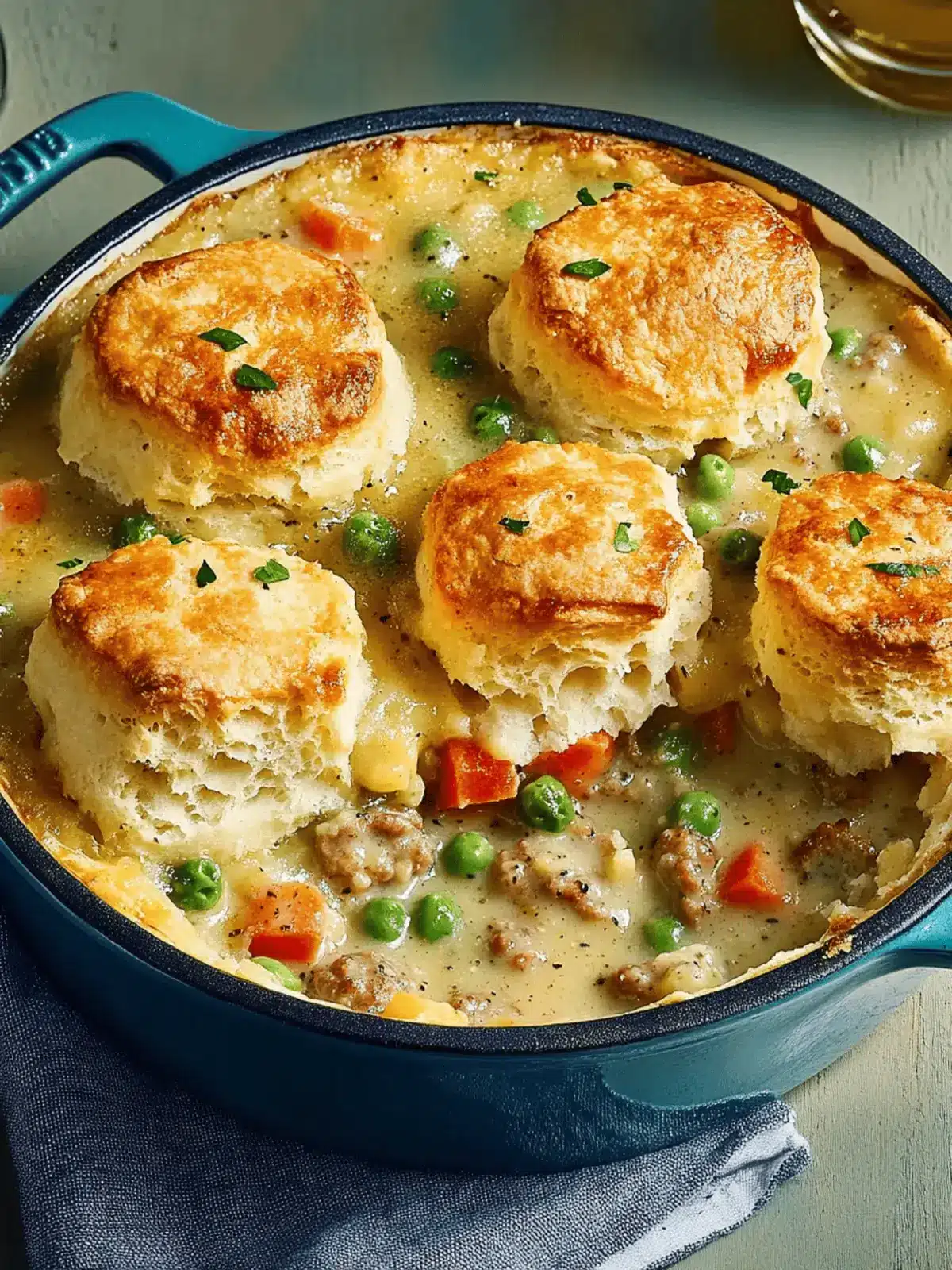 Easy Breakfast Pot Pie with Sausage Gravy & Biscuit Topping