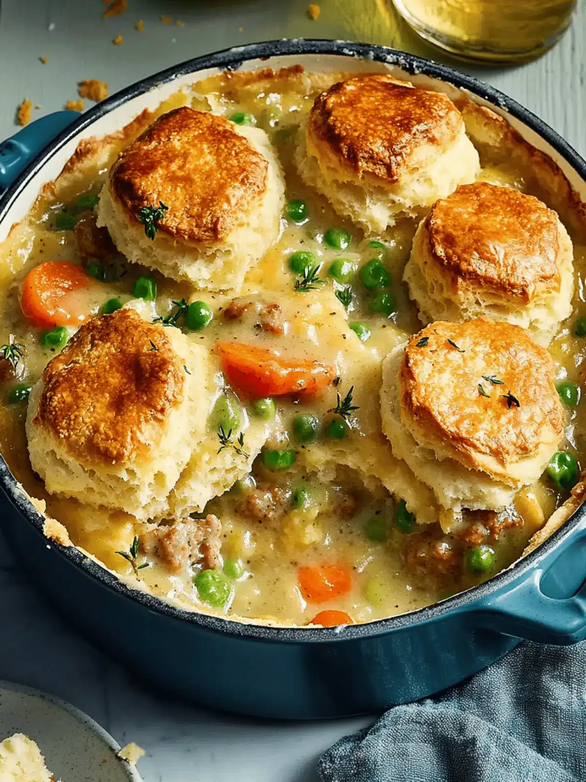 Easy Breakfast Pot Pie with Sausage Gravy & Biscuit Topping
