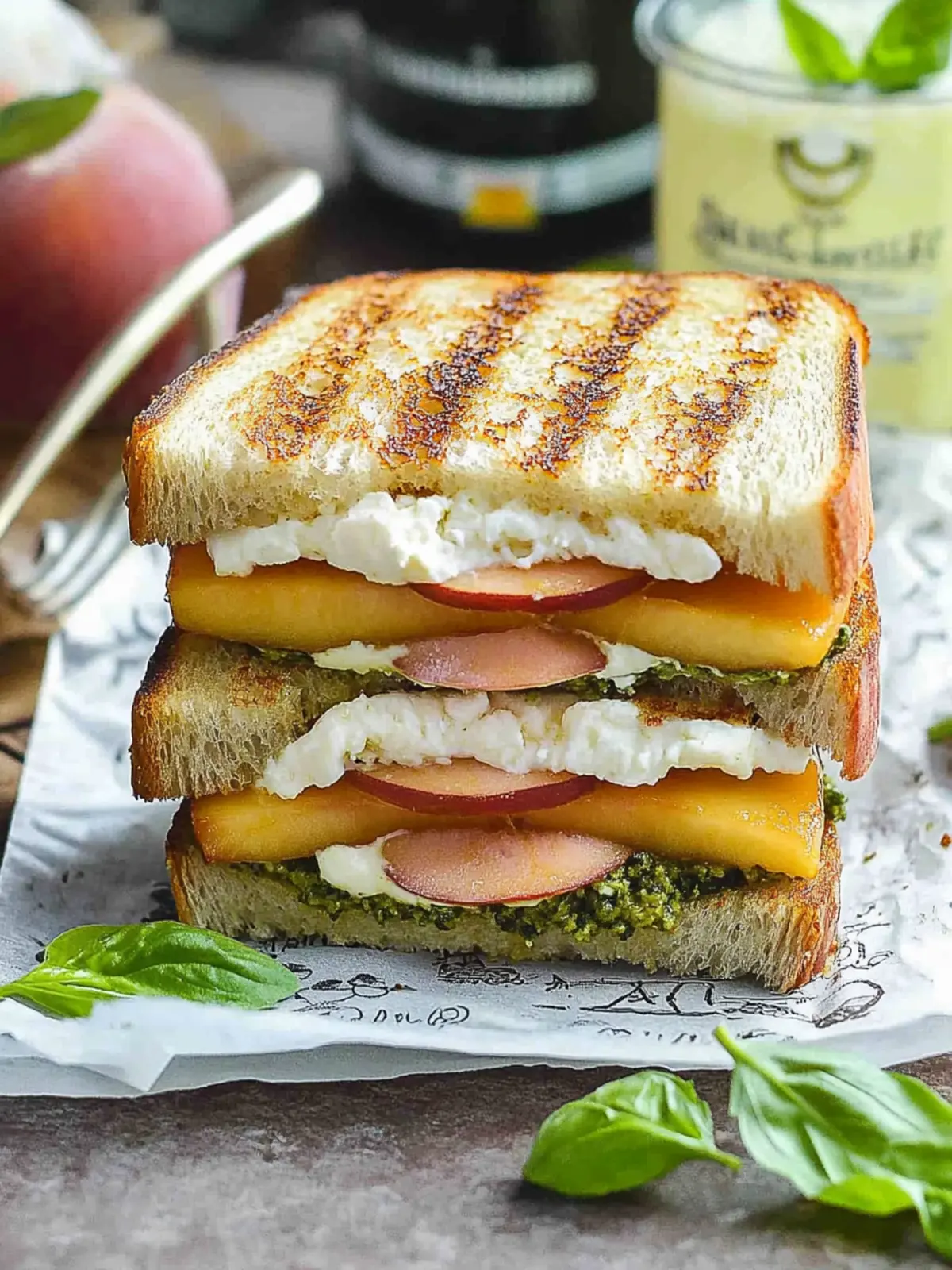 Peach, Pesto & Burrata Sandwich