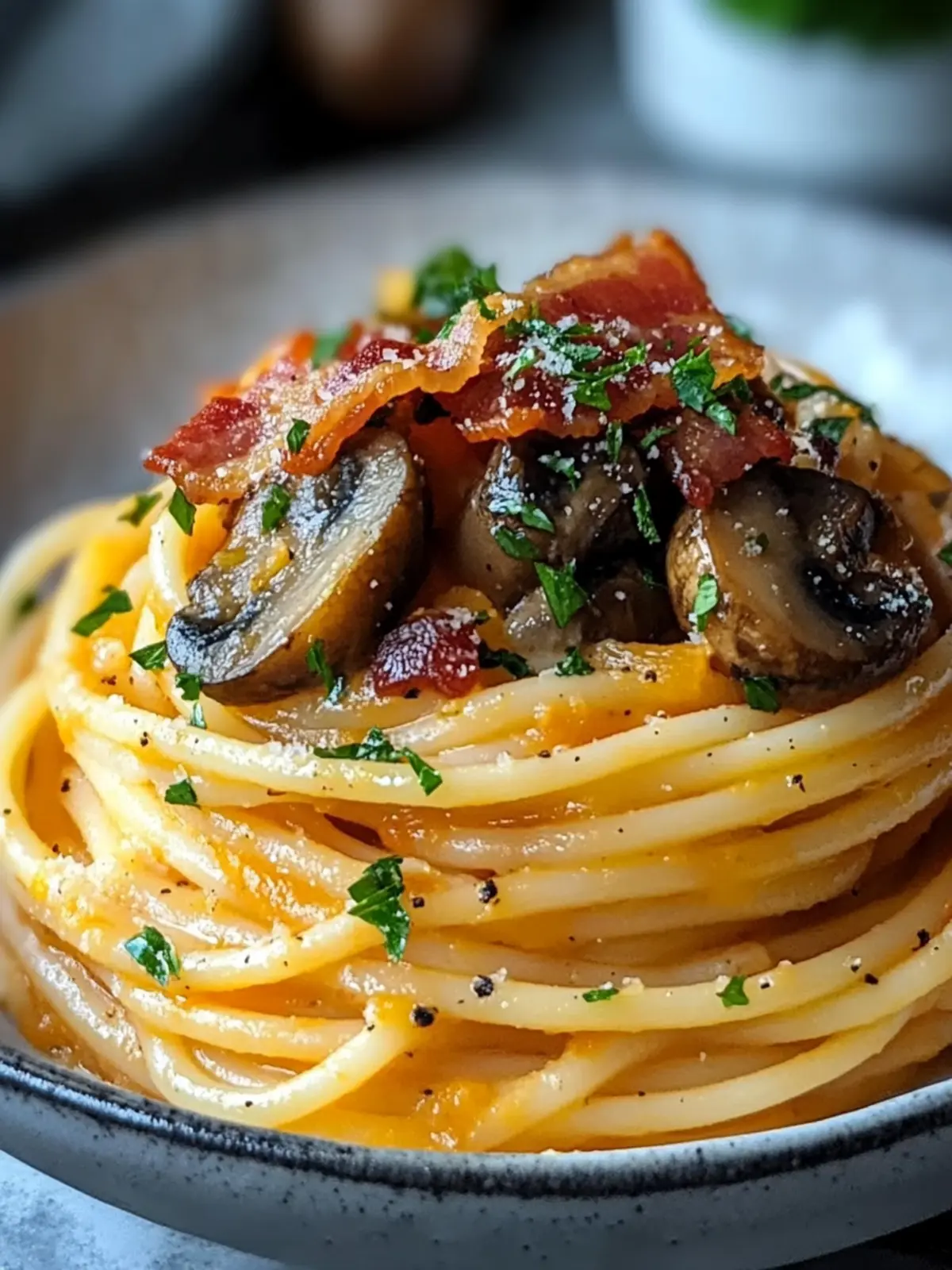 Pumpkin & Mushroom Spaghetti with Crispy Bacon