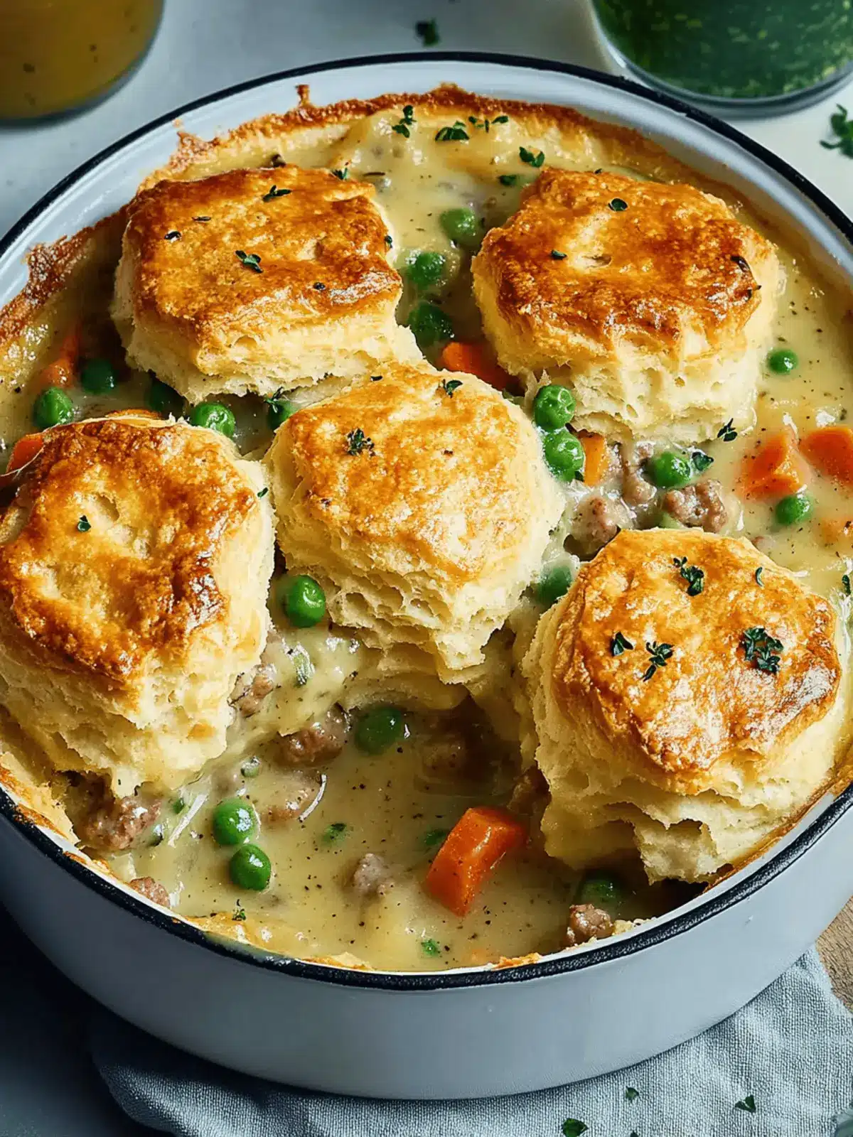 Easy Breakfast Pot Pie with Sausage Gravy & Biscuit Topping