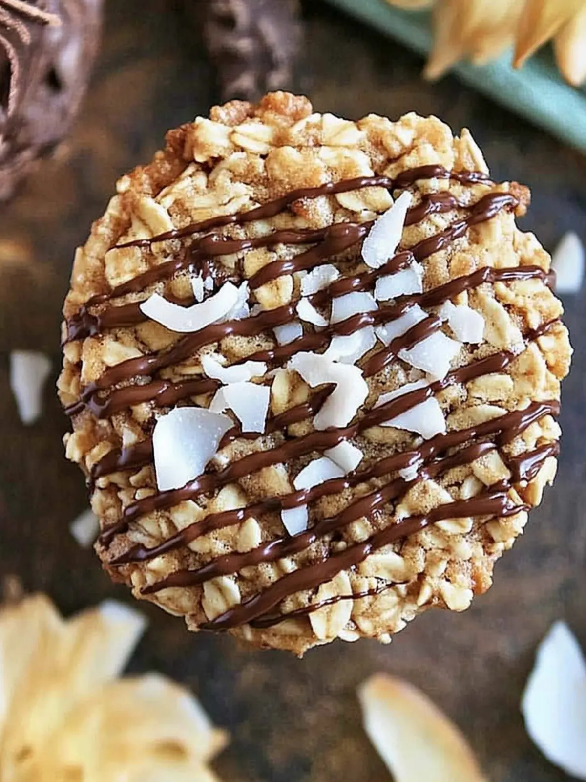 Thin Crispy Oatmeal Cookies with Toasted Coconut and Chocolate Drizzle