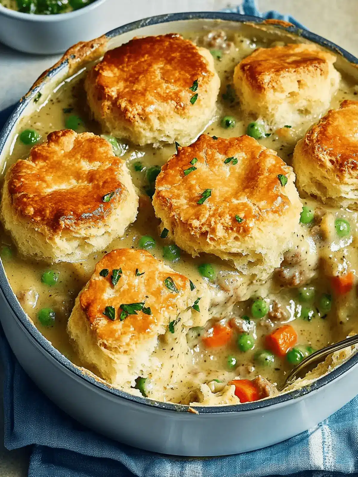 Easy Breakfast Pot Pie with Sausage Gravy & Biscuit Topping