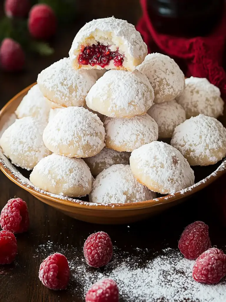 Raspberry Filled Almond Snowball Cookies