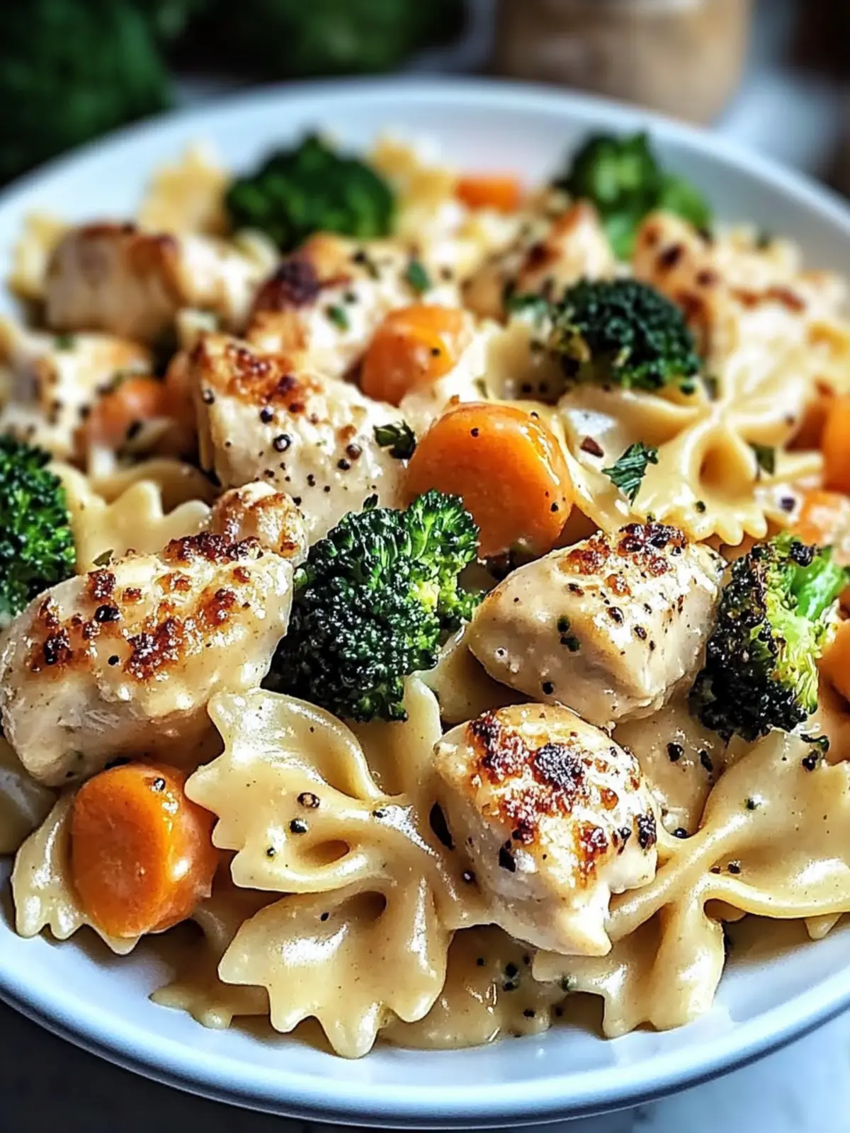 Cheddar & Havarti Chicken Bowtie Pasta with Roasted Broccoli & Carrots