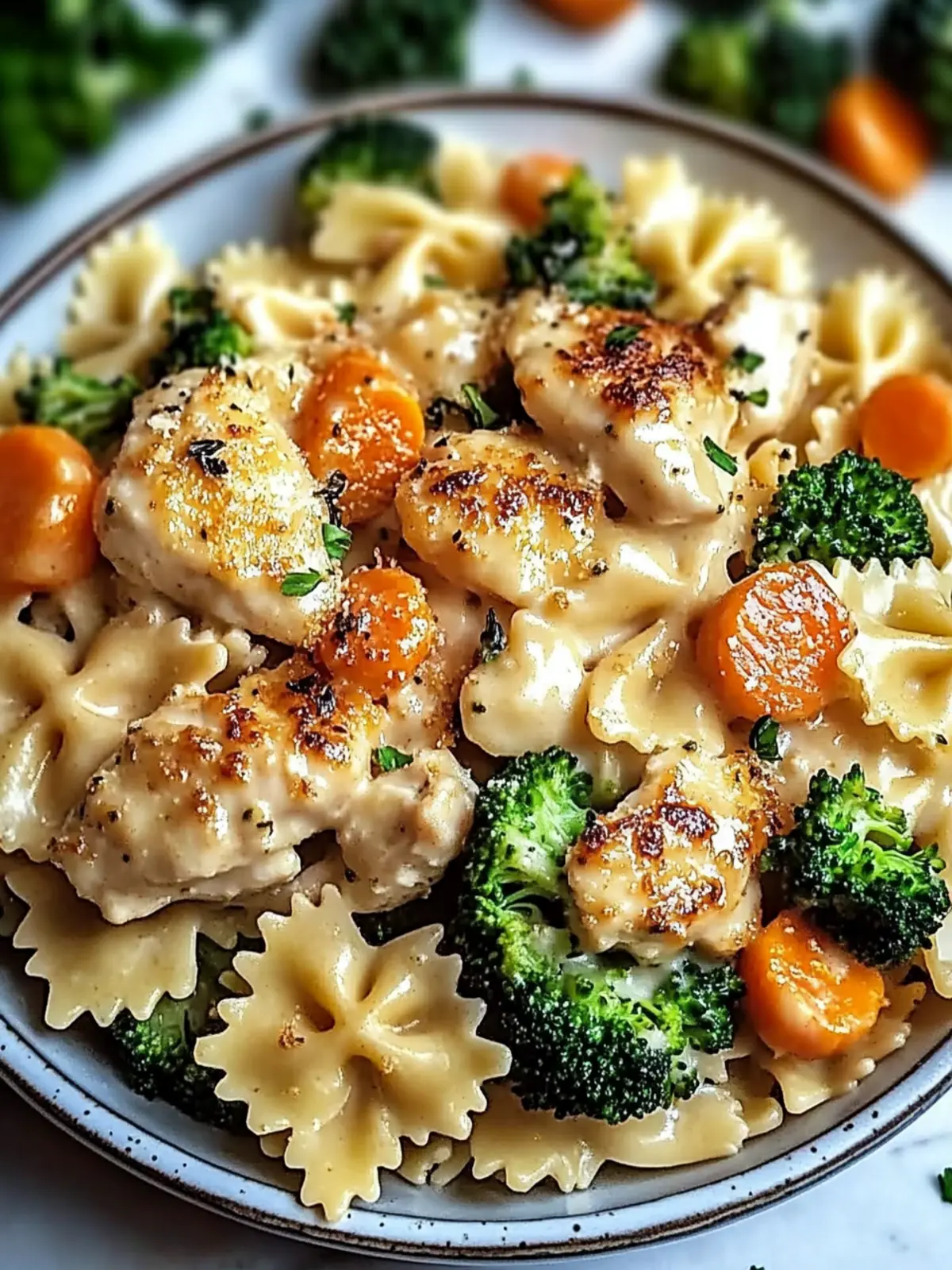 Cheddar & Havarti Chicken Bowtie Pasta with Roasted Broccoli & Carrots