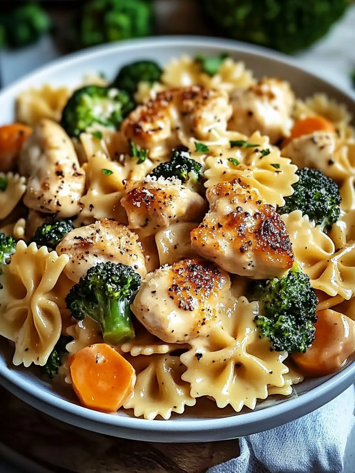 Cheddar & Havarti Chicken Bowtie Pasta with Roasted Broccoli & Carrots