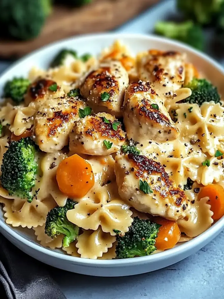 Cheddar & Havarti Chicken Bowtie Pasta with Roasted Broccoli & Carrots