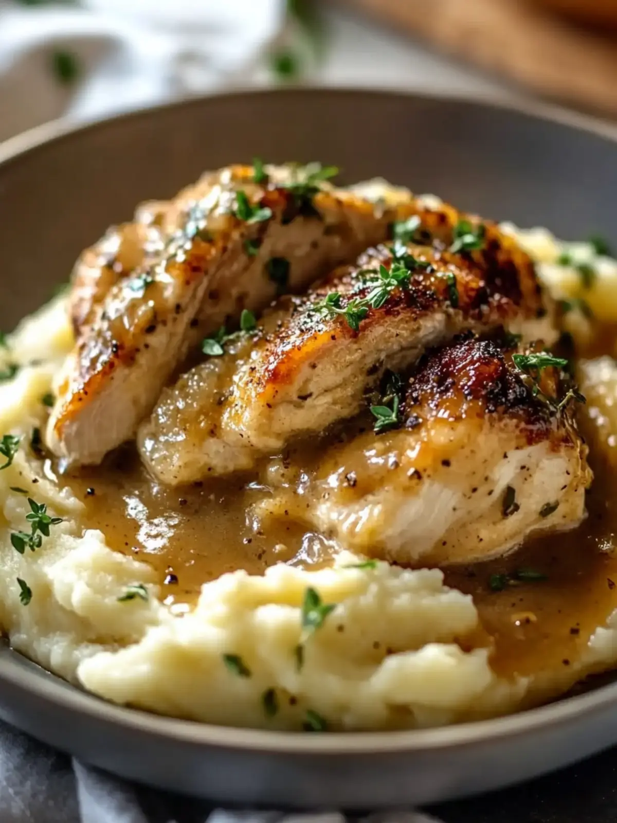 Savory Chicken and Garlic Gravy atop Cheesy Mashed Potatoes 2 Chicken and Garlic Gravy with Cheesy Mashed Potatoes