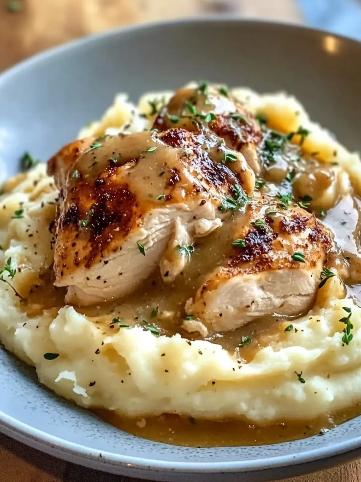 Chicken and Garlic Gravy with Cheesy Mashed Potatoes