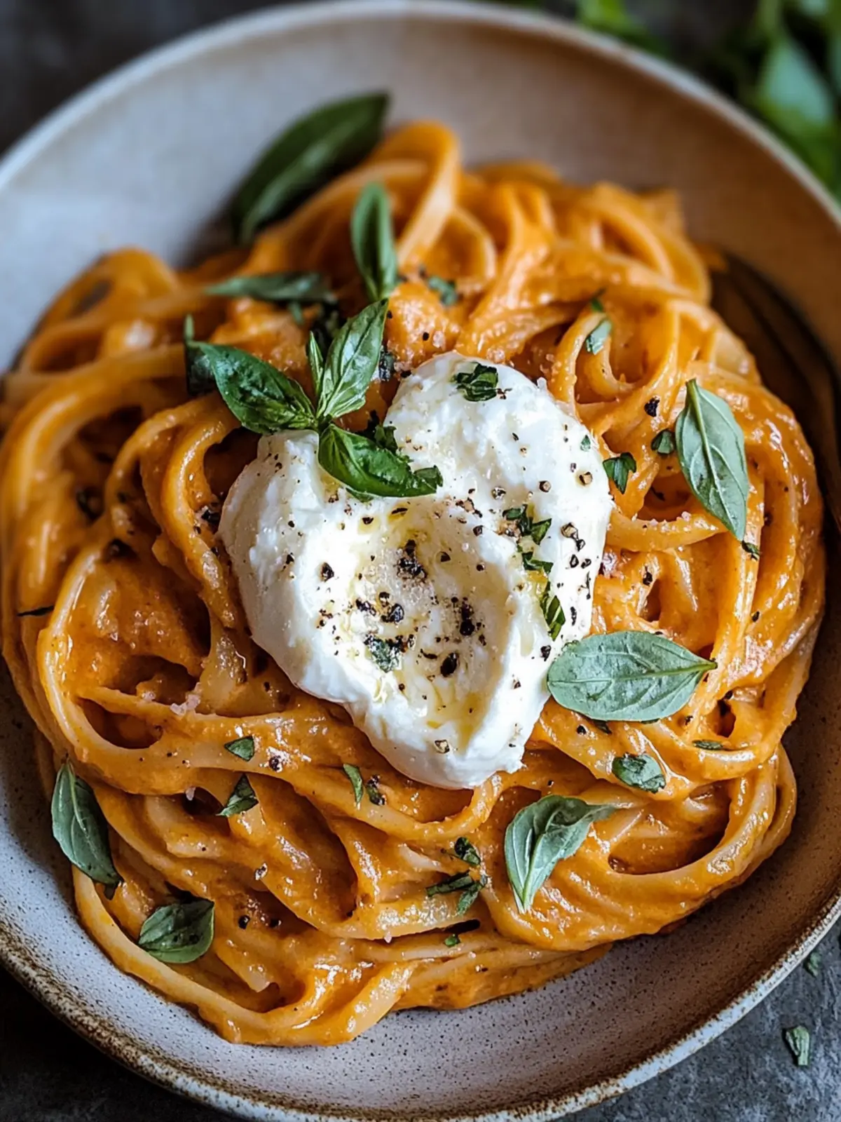 Creamy Red Pepper Pasta with Burrata & Herbs