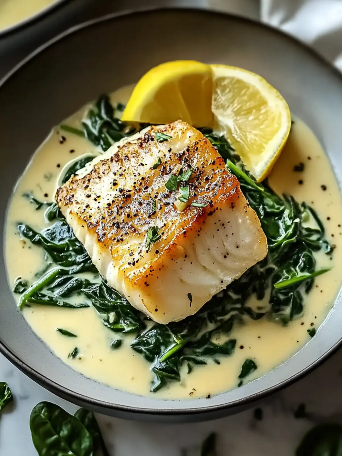 Delicious Lemon-Garlic Sea Bass with Creamed Spinach Delight 2 Delicious Lemon-Garlic Sea Bass with Creamed Spinach