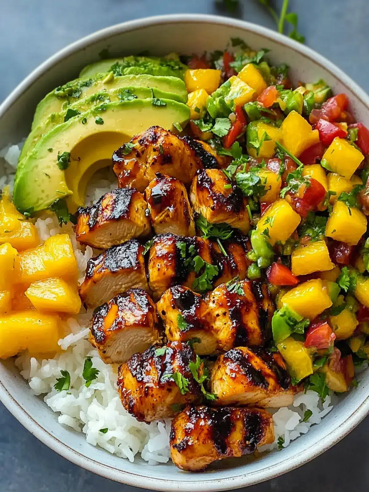Get Hooked on Grilled Maple Sriracha Chicken Bowl with Mango Salsa 2 Grilled Maple Sriracha Chicken Bites with Coconut Rice & Mango Avocado Salsa Bowl