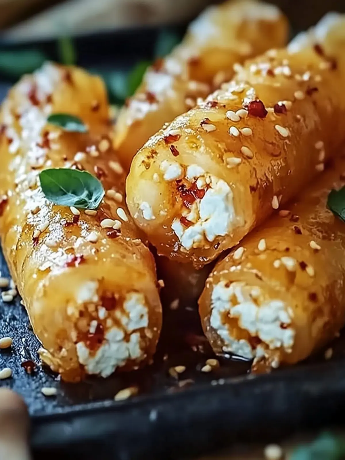 Crispy Oven Fried Feta Rolls with Sweet Chili Honey Drizzle 4 Oven Fried Feta Rolls with Chili Honey