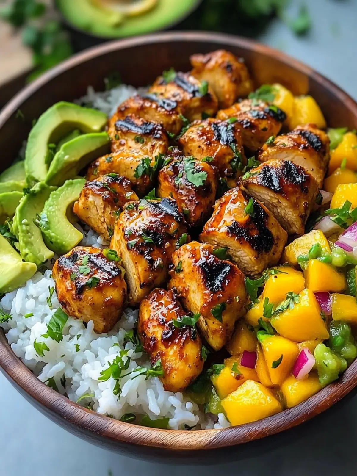 Get Hooked on Grilled Maple Sriracha Chicken Bowl with Mango Salsa 4 Grilled Maple Sriracha Chicken Bites with Coconut Rice & Mango Avocado Salsa Bowl
