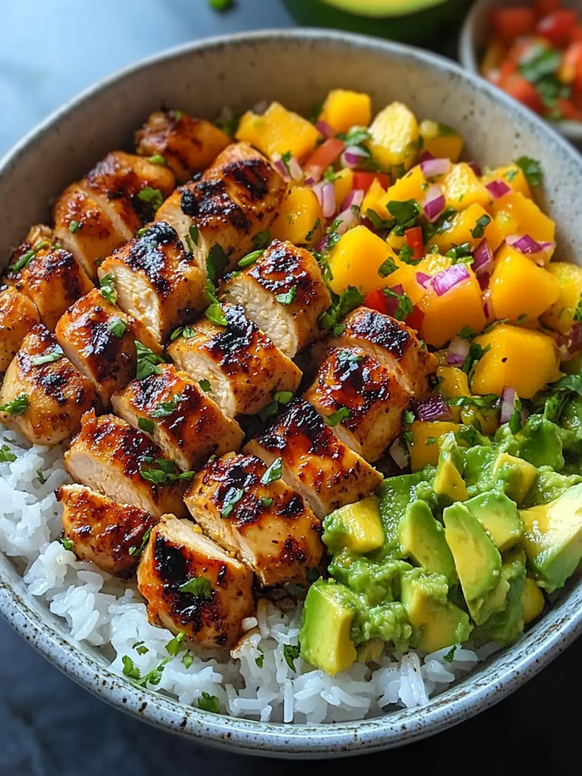 Get Hooked on Grilled Maple Sriracha Chicken Bowl with Mango Salsa 3 Grilled Maple Sriracha Chicken Bites with Coconut Rice & Mango Avocado Salsa Bowl