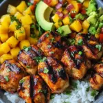 Get Hooked on Grilled Maple Sriracha Chicken Bowl with Mango Salsa 6 Grilled Maple Sriracha Chicken Bites with Coconut Rice & Mango Avocado Salsa Bowl