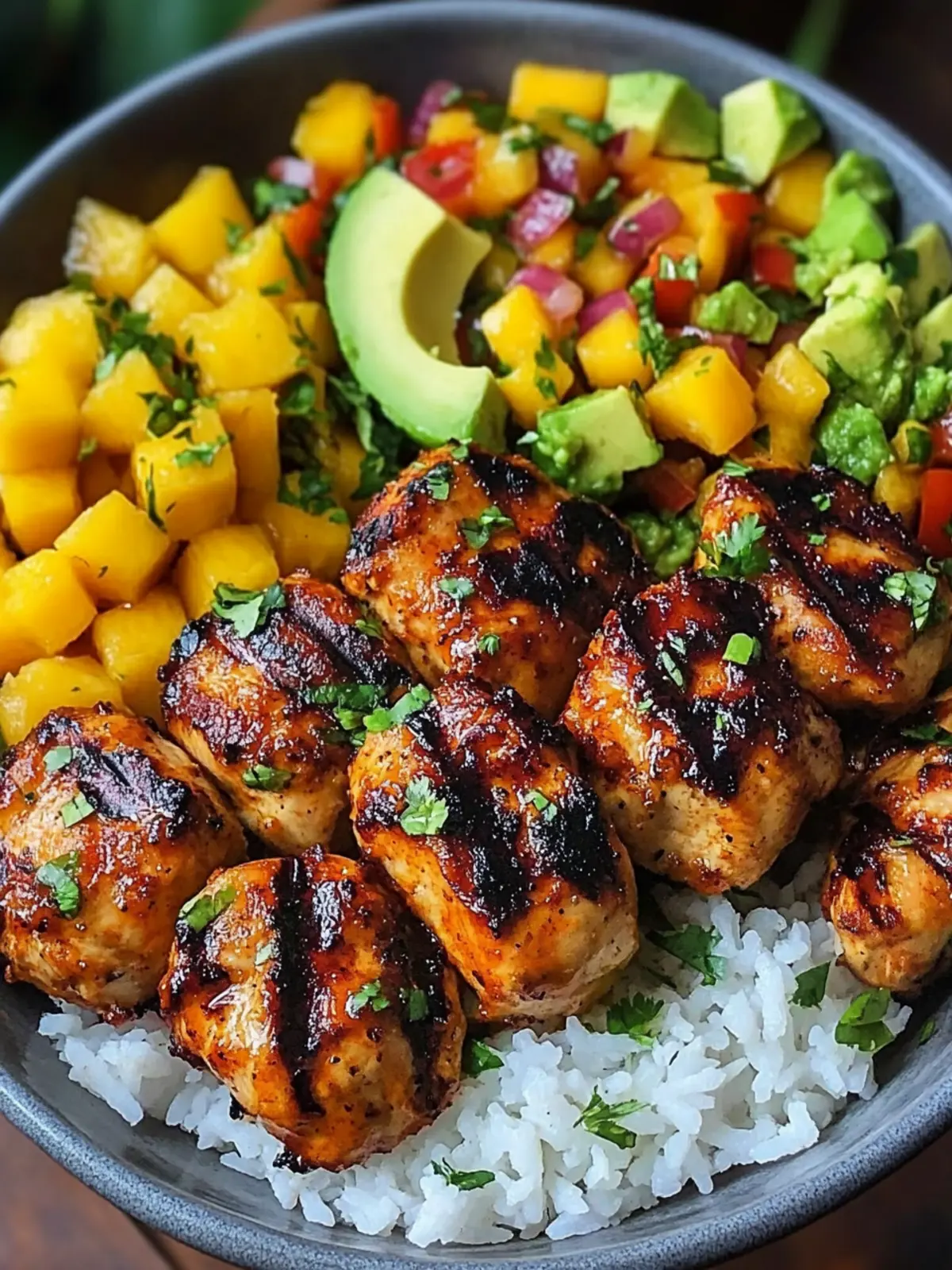 Get Hooked on Grilled Maple Sriracha Chicken Bowl with Mango Salsa 5 Grilled Maple Sriracha Chicken Bites with Coconut Rice & Mango Avocado Salsa Bowl