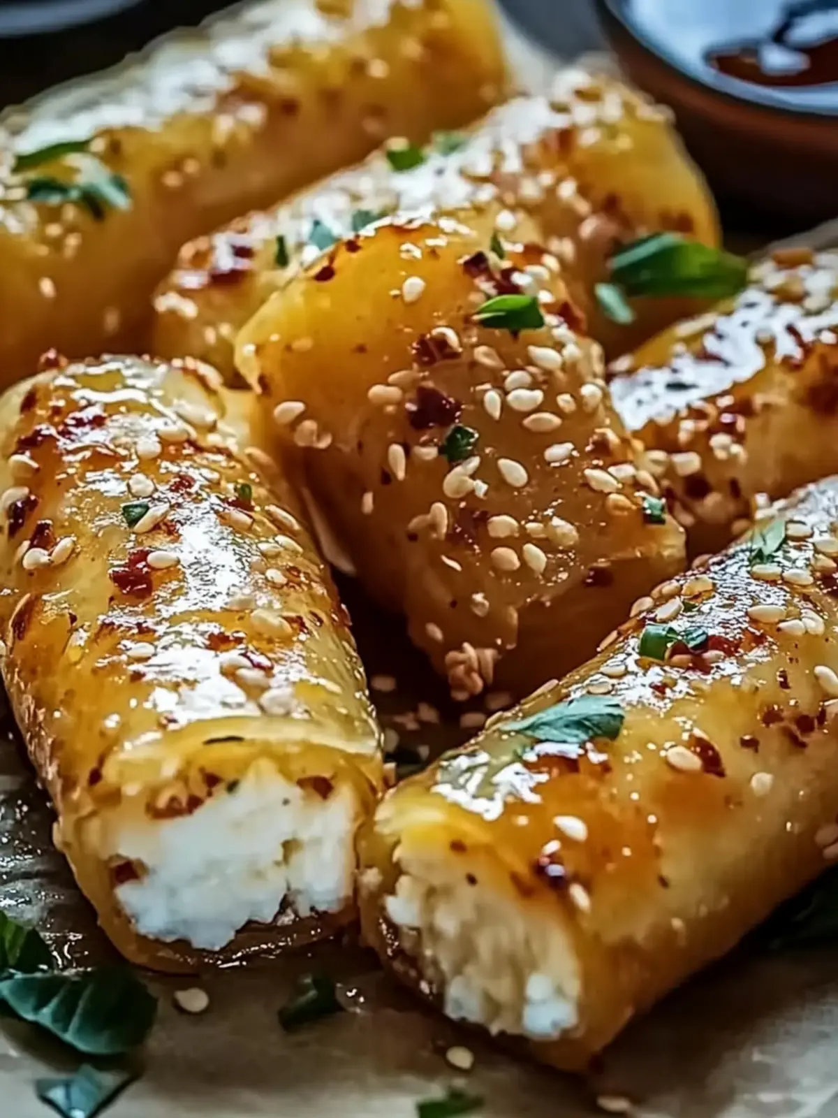 Oven Fried Feta Rolls with Chili Honey