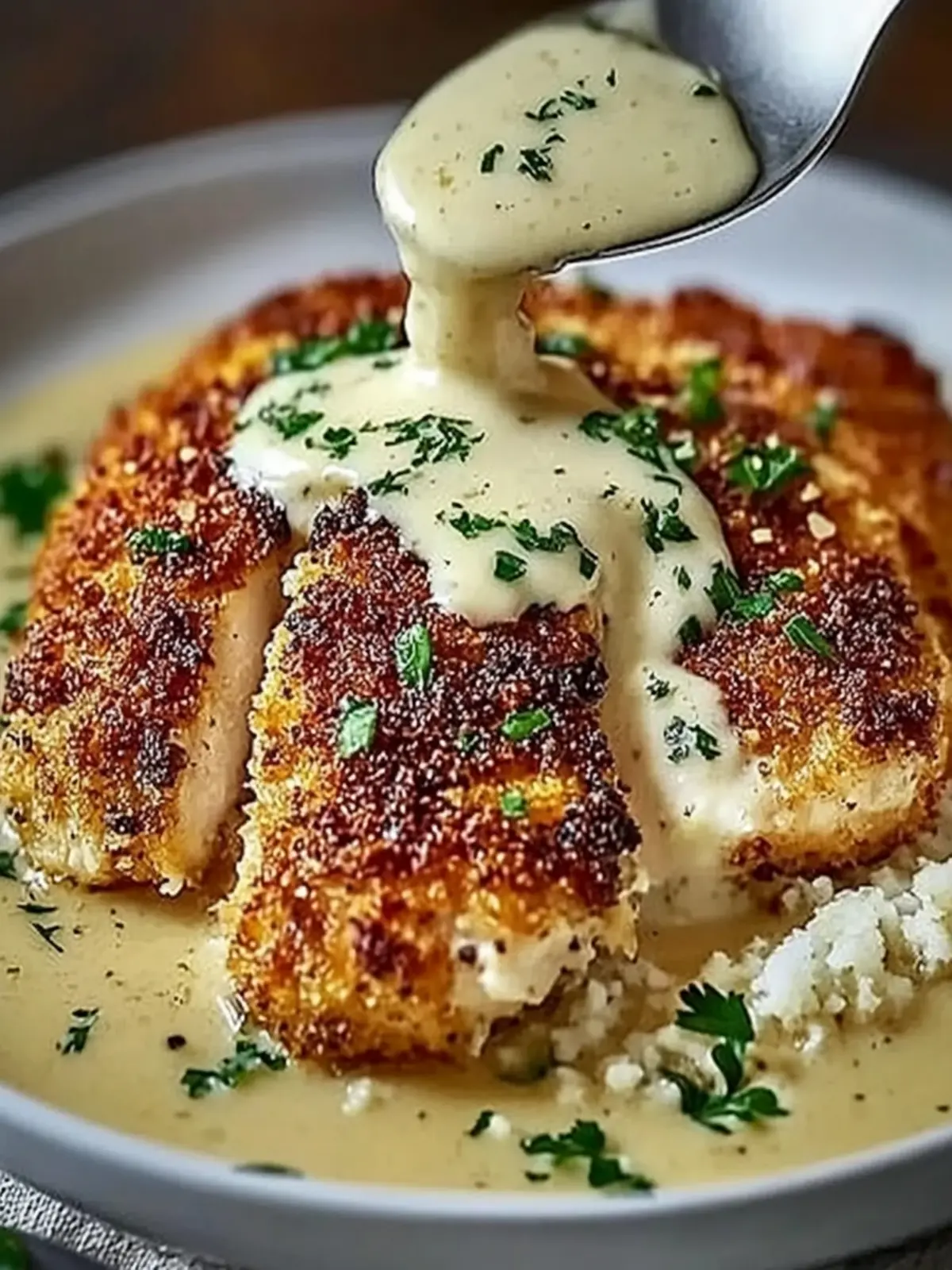 Parmesan Crusted Chicken With Creamy Garlic Sauce