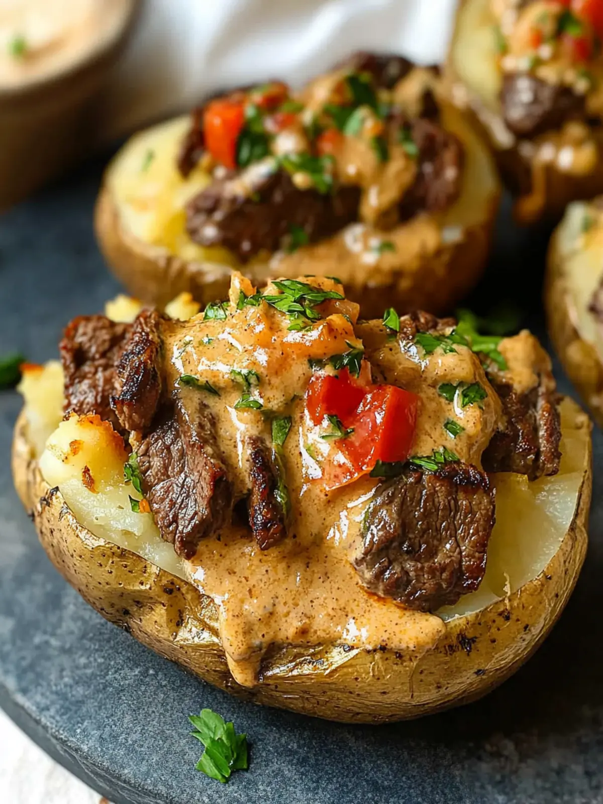 Ultimate Loaded Baked Potato with Steak Bites and Cream Sauce 4 Loaded Baked Potato with Steak Bites