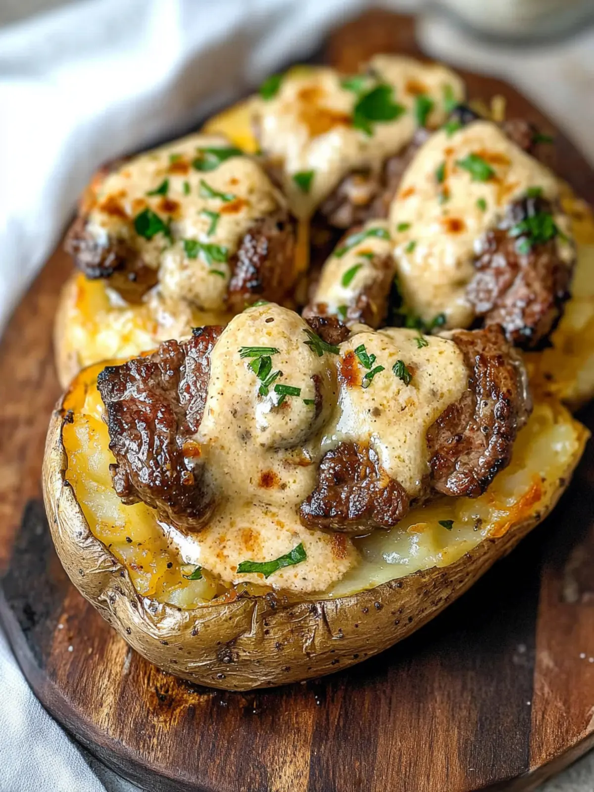 Ultimate Loaded Baked Potato with Steak Bites and Cream Sauce 2 Loaded Baked Potato with Steak Bites