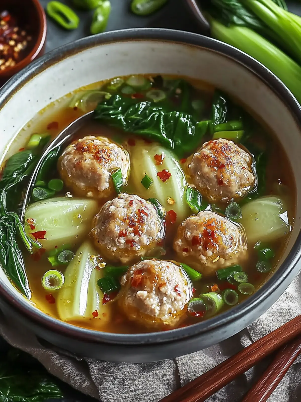 Ginger Chicken Meatball Soup with Baby Bok Choy